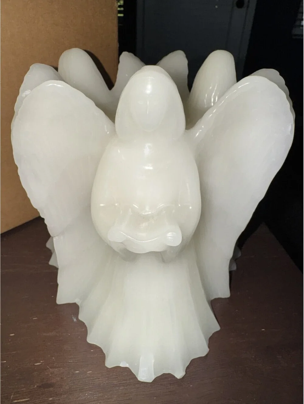 Vintage Figural Wax Candle Guardian Angels Cherubs Harp Wings Large Cream Decor